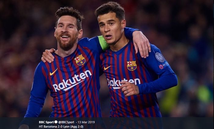 Momen kebersamaan Lionel Messi dan Philippe Coutinho pada laga Liga Champions saat Barcelona bertemu Olympique Lyon pada musim 2018-2019.