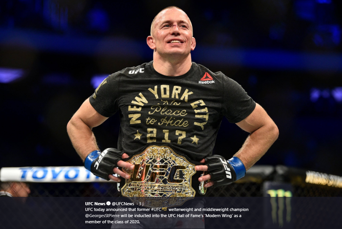 Legenda UFC, Georges St-Pierre (GSP), dinobatkan sebagai Modern Wing of the UFC Hall of Fame. Gelar tersebut dinobatkan pada ajang UFC 249 di VyStar Veterans Memorial, Jacksonville, Florida, Sabtu (9/5/2020) atau Minggu WIB. 