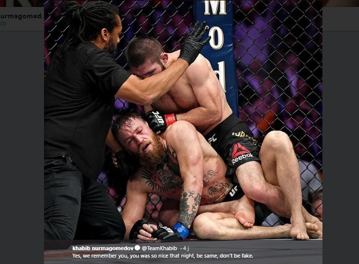 Khabib Nurmagomedov (atas) saat menghabisi Conor McGregor (bawah) pada ajang UFC 229 di T-Mobile Arena, Las Vegas, Nevada, AS, 7 Oktober 2018 Silam. 