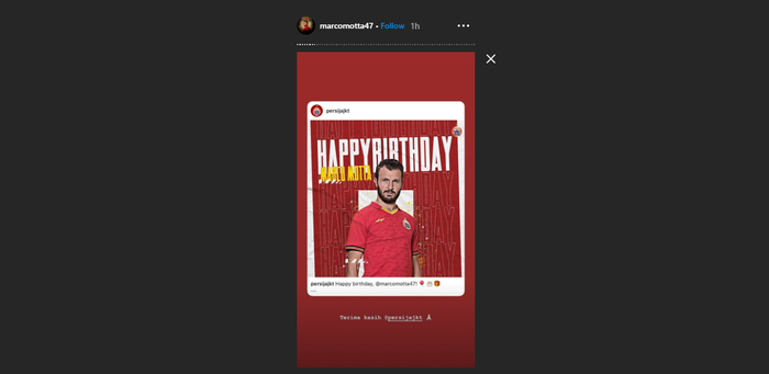 Ucapan terima kasih Marco Motta untuk Persija Jakarta. 