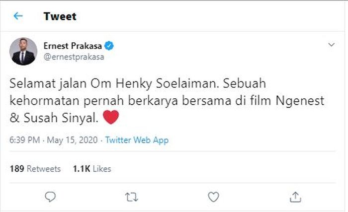 Ungkapan duka cita dari Ernest Prakasa