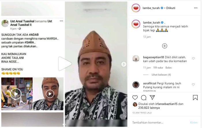 unggahan Lambe Turah terkait tanggapan pemilik marga Latuconsina atas candaan Andre Taulany dan Rina Nose.