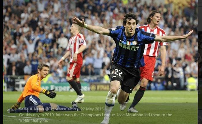 Diego Milito mencetak gol kemenangan Inter Milan atas Bayern Muenchen di final Liga Champions 2009-2010.