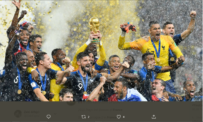 Timnas Prancis saat menjuarai Piala Dunia 2018 dengan melawan timnas Kroasia di babak final.