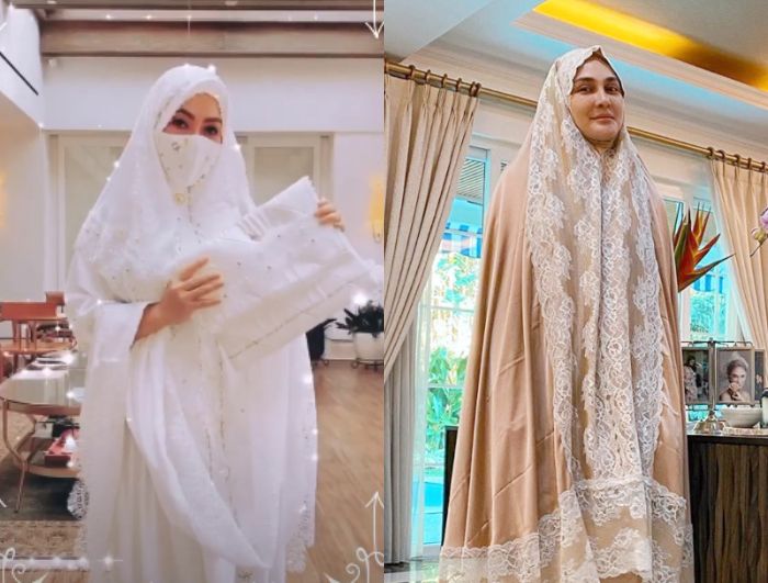 Penampilan anggun dan memesona Syahrini dan Luna Maya yang sama-sama kenakan mukena di hari lebaran tahun ini