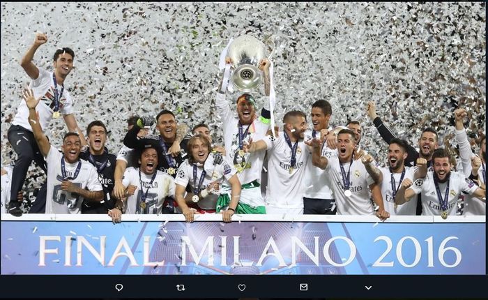 Real Madrid juara Liga Champions 2015-2016 usai menang adu penalti atas Atletico Madrid di San Siro, Milan, 28 Mei 2016.