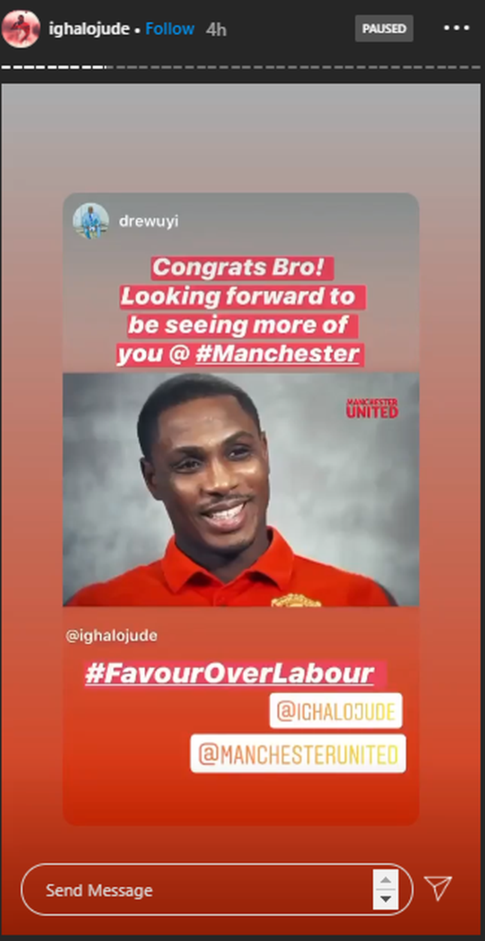 Ucapan selamat dari teman Odion Ighalo yang diunggah ke Instagram-Story oleh striker 30 tahun itu.