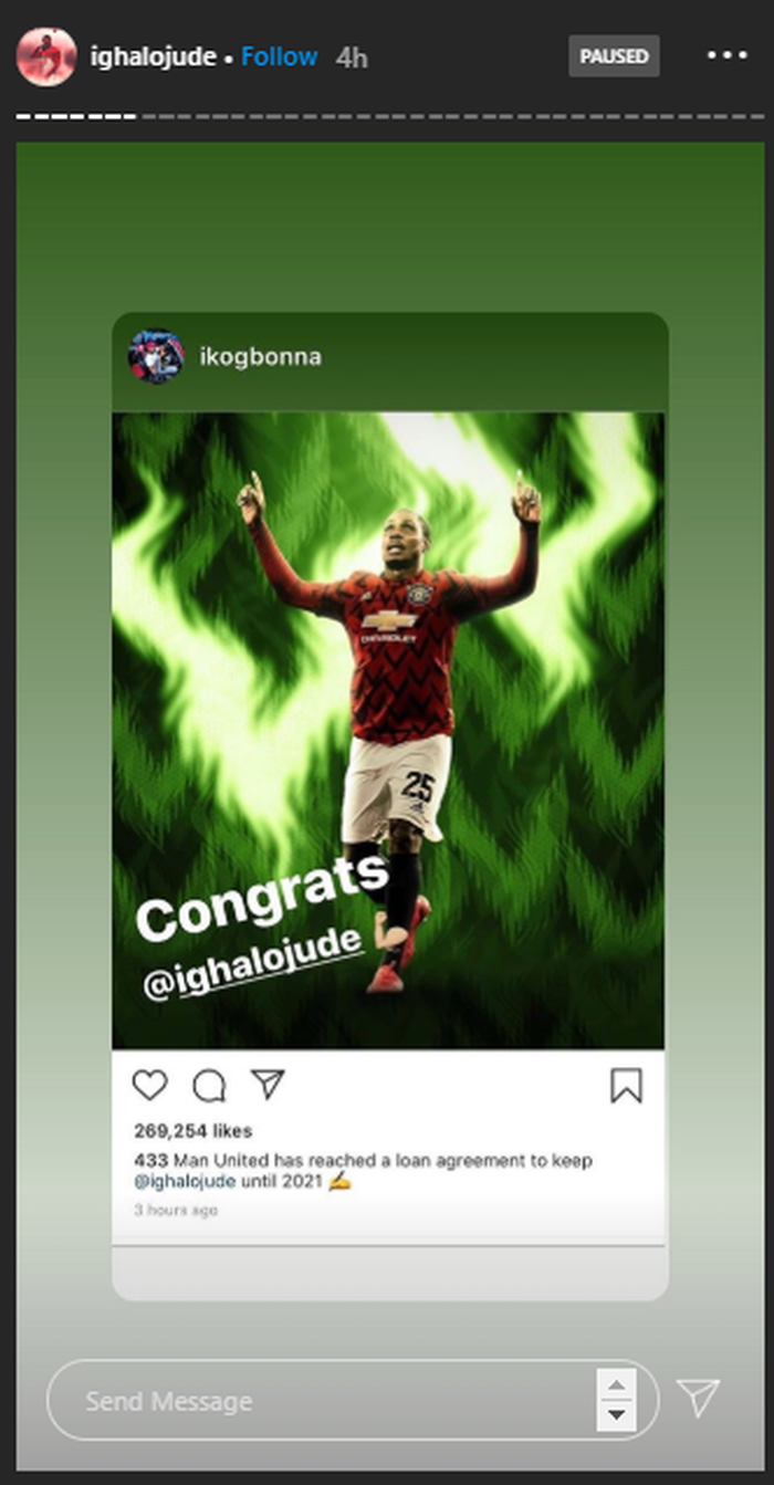 Ucapan selamat dari teman Odion Ighalo yang diunggah ke Instagram-Story oleh striker 30 tahun itu.