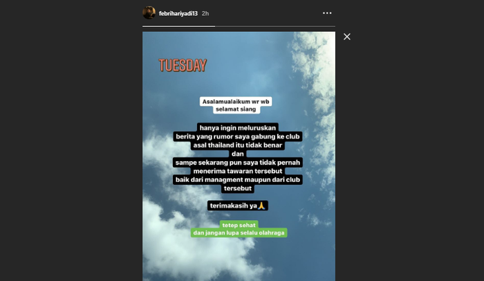 Unggahan winger Persib Bandung, Febri Hariyadi, yang memberikan tanggapan terkait rumor transfernya ke klub Thailand, Muangthong United.
