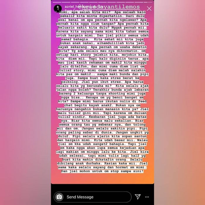 Postingan Azriel saat mengungkapkan Krisdayanti yang hanya diam saat tau dirinya dan sang kakak dimaki-maki Raul Lemos