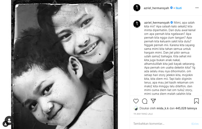 Unggahan Instagram Azriel Hermansyah