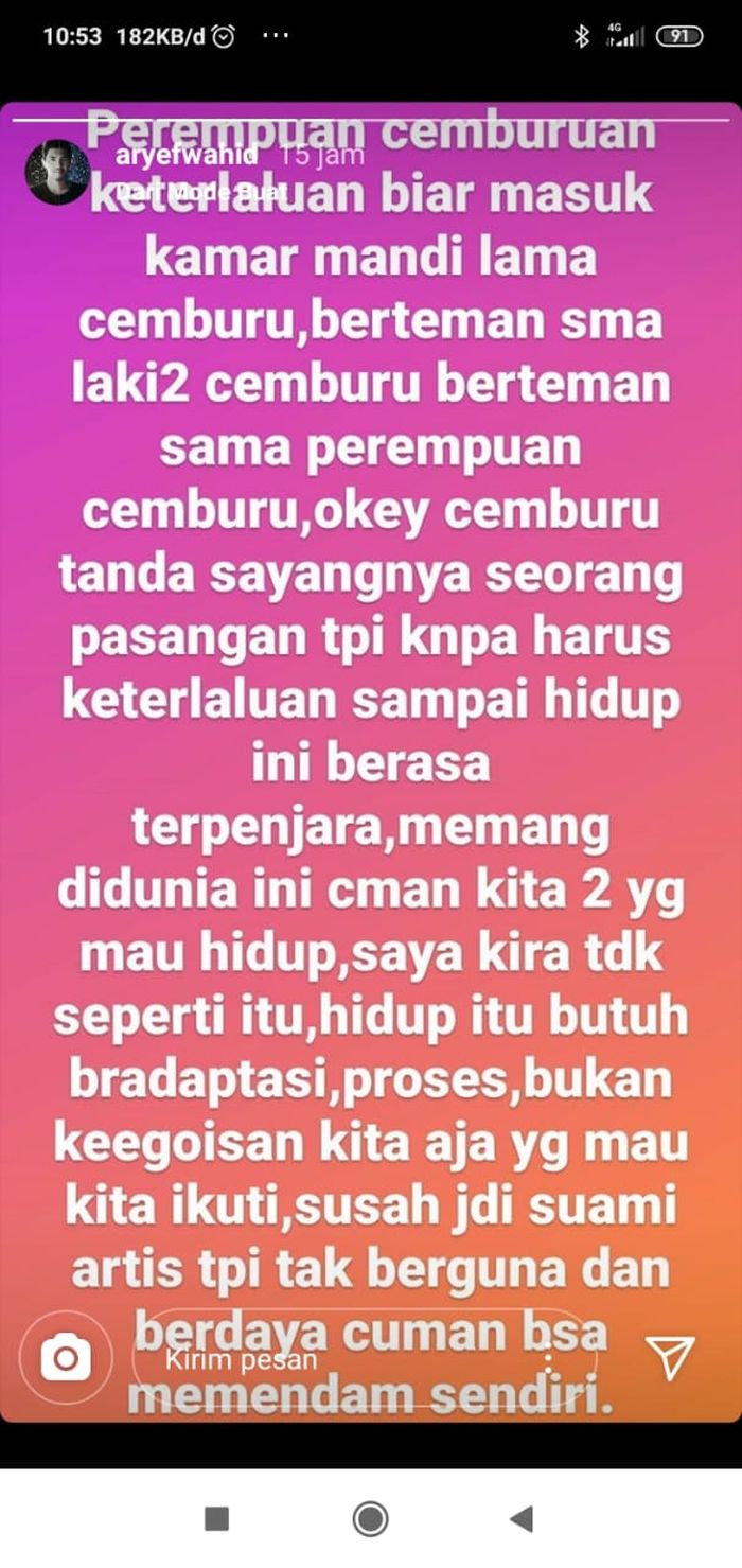 Aryef Wahid, suami Evi Masamba mengeluhkan terkait perempuan yang cemburu keterlaluan.