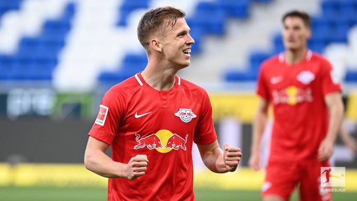 Selebrasi pemain RB Leipizig, Dani Olmo usai menjebol gawang Hoffenheim di Rhein-Neckar Arena, Jumat (12/6/2020) atau Sabtu dini hari WIB.