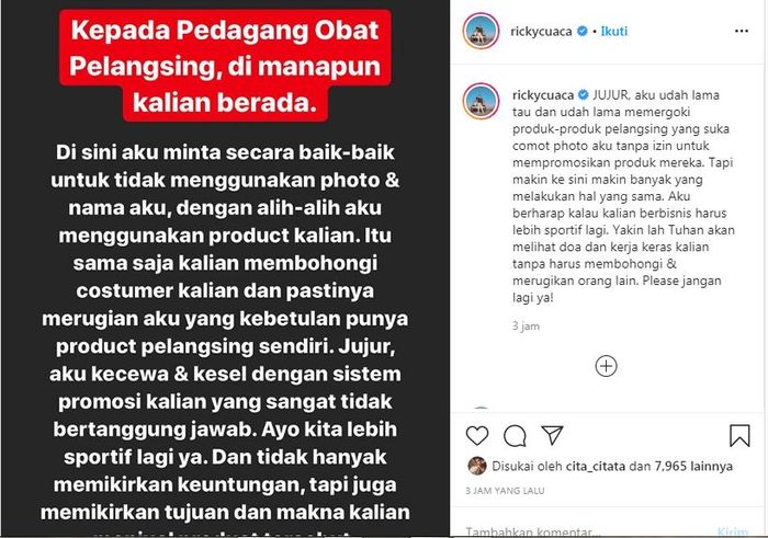 Ricky Cuaca dibuat kesal dengan toko-toko obat pelangsing yang menggunakan nama dan fotonya untuk keperluan promosi.