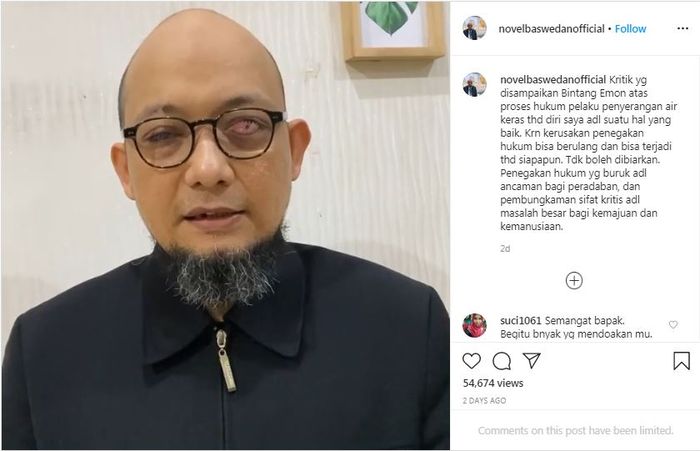 Unggahan Novel Baswedan terkait serangan yang didapat Bintang Emon