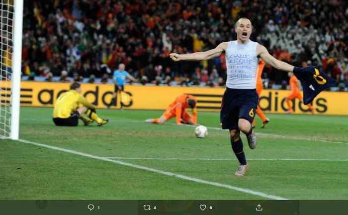 Andres Iniesta merayakan gol ke gawang timnas Belanda pada babak final Piala Dunia 2010.