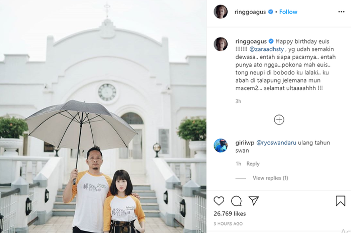 Ringgo Agus Rahman memberi ucapan ulang tahun untuk Adhisty Zara yang tengah memperingati hari lahirnya ke-17.