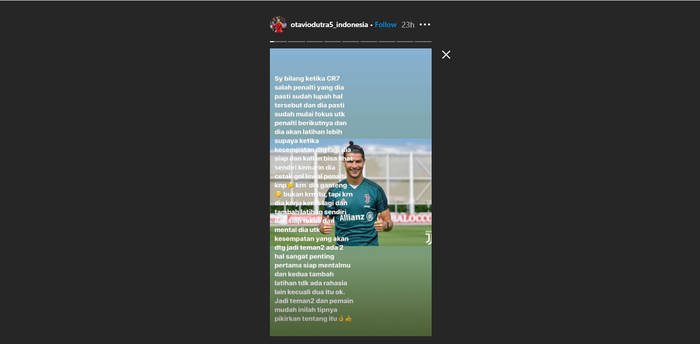 Unggahan bek Persija Jakarta, Otavio Dutra, soal penalti Cristiano Ronaldo.