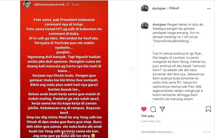 Tangkap Layar Instagram Story Nikita Mirzani yang sukses rajai trending Twitter Indonesia