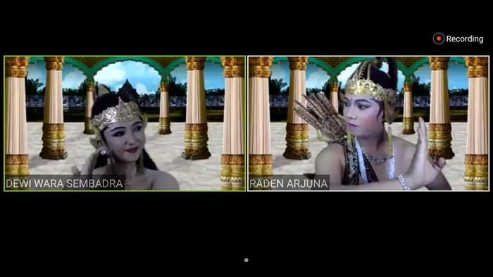 Adegan pemungkas yang menampilkan Dewi Wara Sembadra dan raden Arjuna dalam Siaran Langsung via ZOOM: Wayang Orang Daring Pertama di Indonesia.