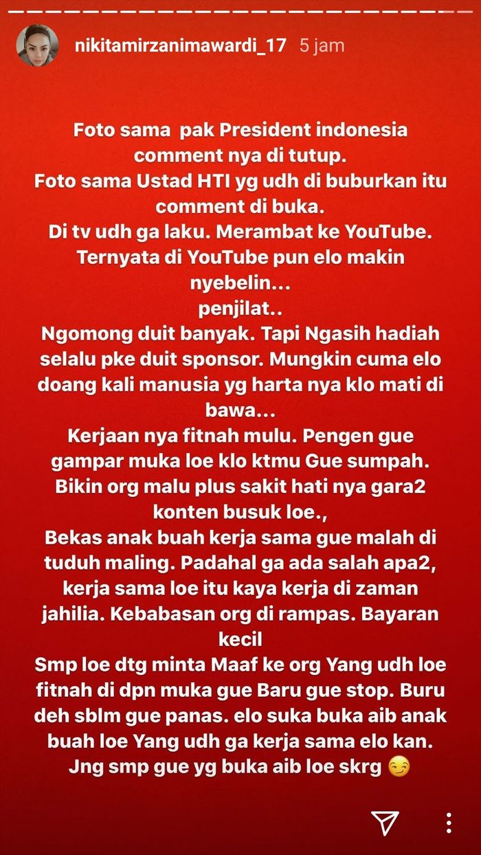 Unggahan insta story Nikita Mirzani