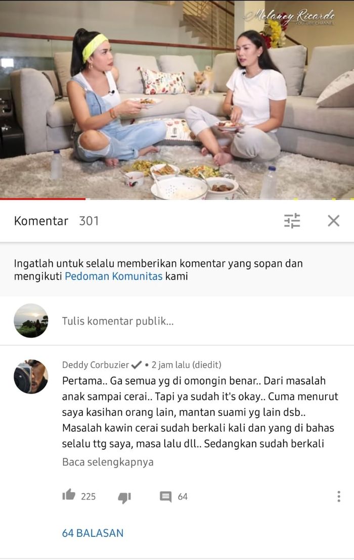 Komentar Deddy Corbuzier di YouTube Melaney Ricardo yang diunggah Rabu (1/7/2020).