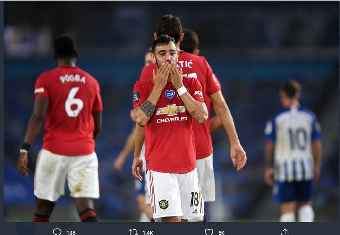 Bruno Fernandes mencetak dua gol saat Manchester United mengalahkan Brighton &amp; Hove Albion 3-0 pada pekan ke-32 Liga Inggris, Selasa (30/6/2020).