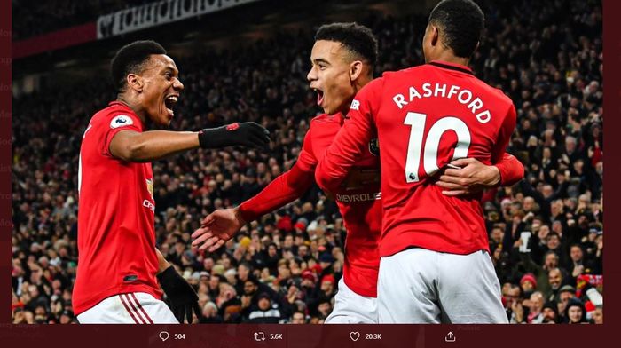 Trisula lini depan Manchester United, Anthony Martial, Mason Greenwood, dan Marcus Rashford.