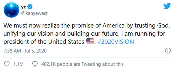 Tweet Kanye West yang mengatakan kalau dirinya ingin menjadi presiden Amerika 2020.