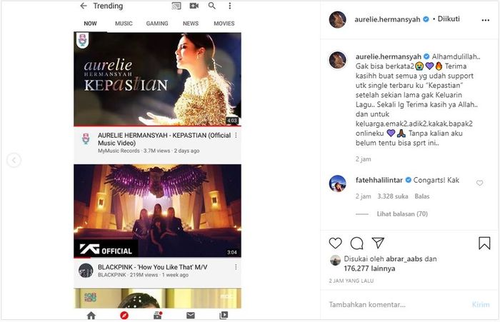 Unggahan Aurel Hermansyah yang penuh dengan dukungan orang-orang terdekatnya.