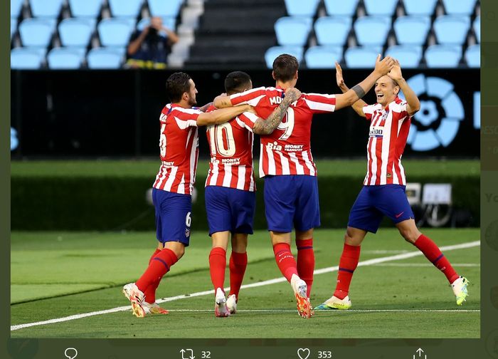 Pemain Atletico Madrid merayakan gol Alvaro Morata dalam laga melawan Celta Vigo di pekan ke-34 Liga Spanyol, Selasa (7/7/2020) di Balaidos.