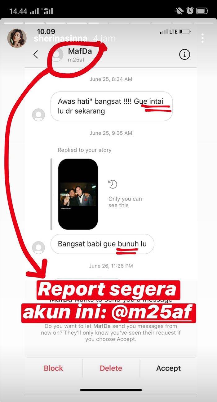 Sherina Munaf membagikan screenshot foto isi DM yang berisi ancaman pembunuhan.