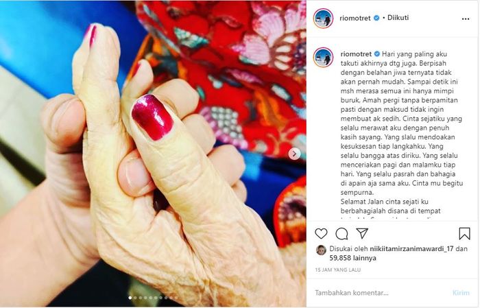 Unggahan Rio Motret mengabarkan nenek tercintanya meninggal dunia yang kemudian dibanjiri komentar dukacita dari selebriti papan atas Tanah Air.