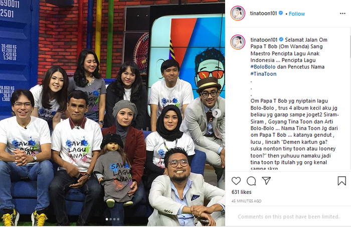 Ucapan duka Tina Toon atas meninggalnya Papa T Bob