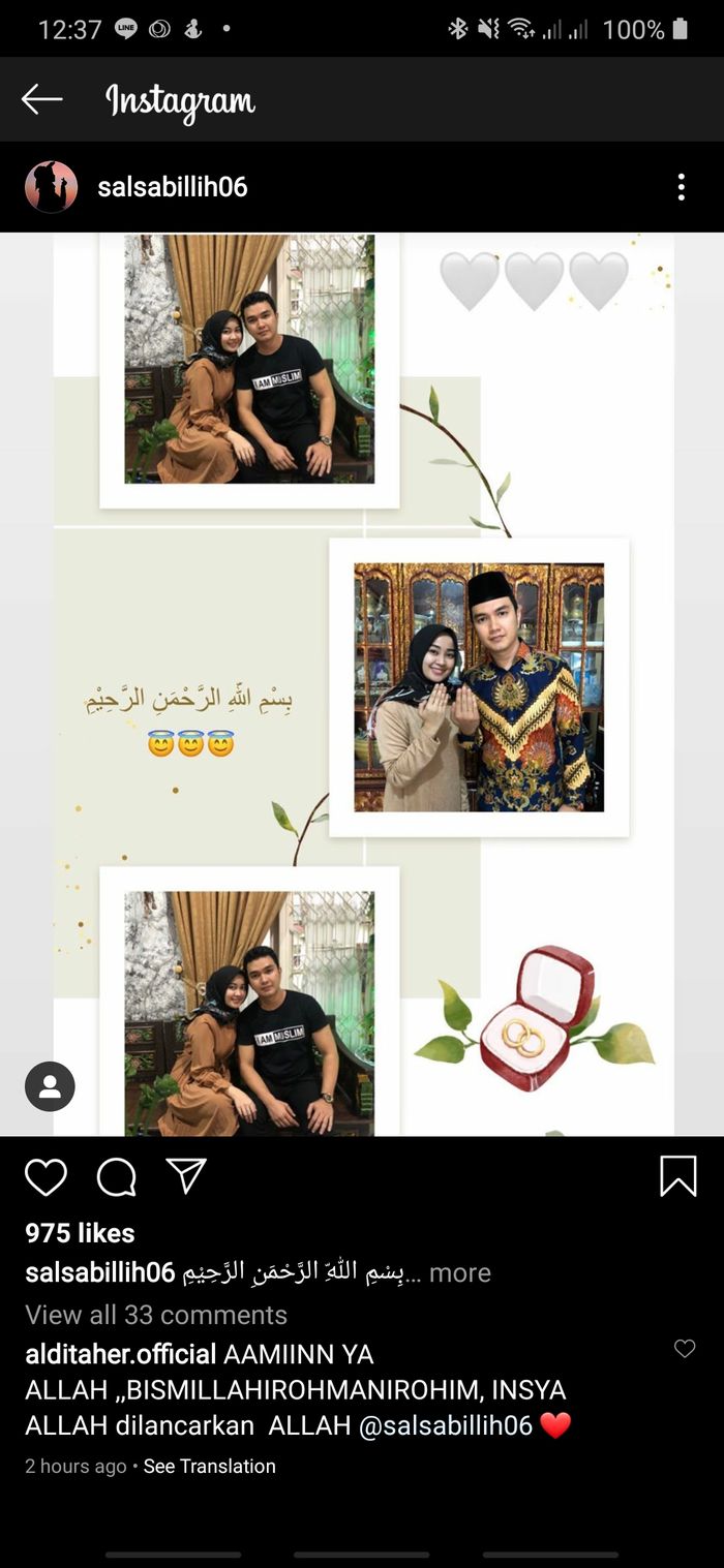 Artis sinetron Aldi Taher sudah melangsungkan pertunangan dengan kekasihnya, Salsabillih.