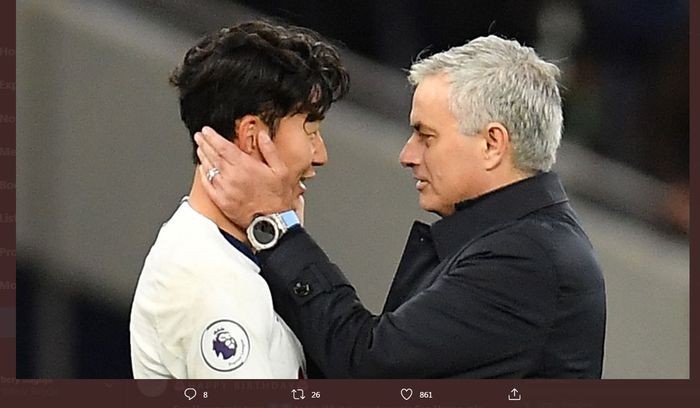 Pelatih Tottenham Hotspur, Jose Mourinho, dan Son Heung-min.