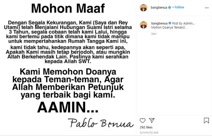 Pablo Benua dan Rey Utami isyaratkan perceraian meski berada di balik jeruji besi
