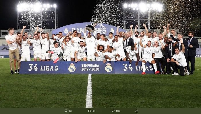 Real Madrid merayakan gelar juara Liga Spanyol 2019-2020.