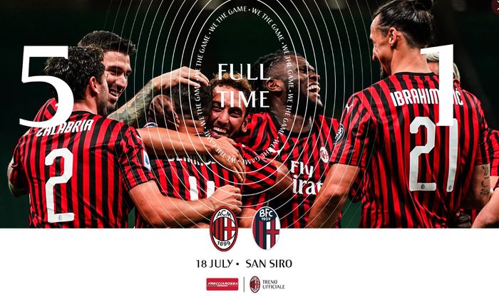 AC Milan meraih kemenangan 5-1 atas Bologna di Stadion San Siro dalam laga Liga Italia, Sabtu (18/7/2020).