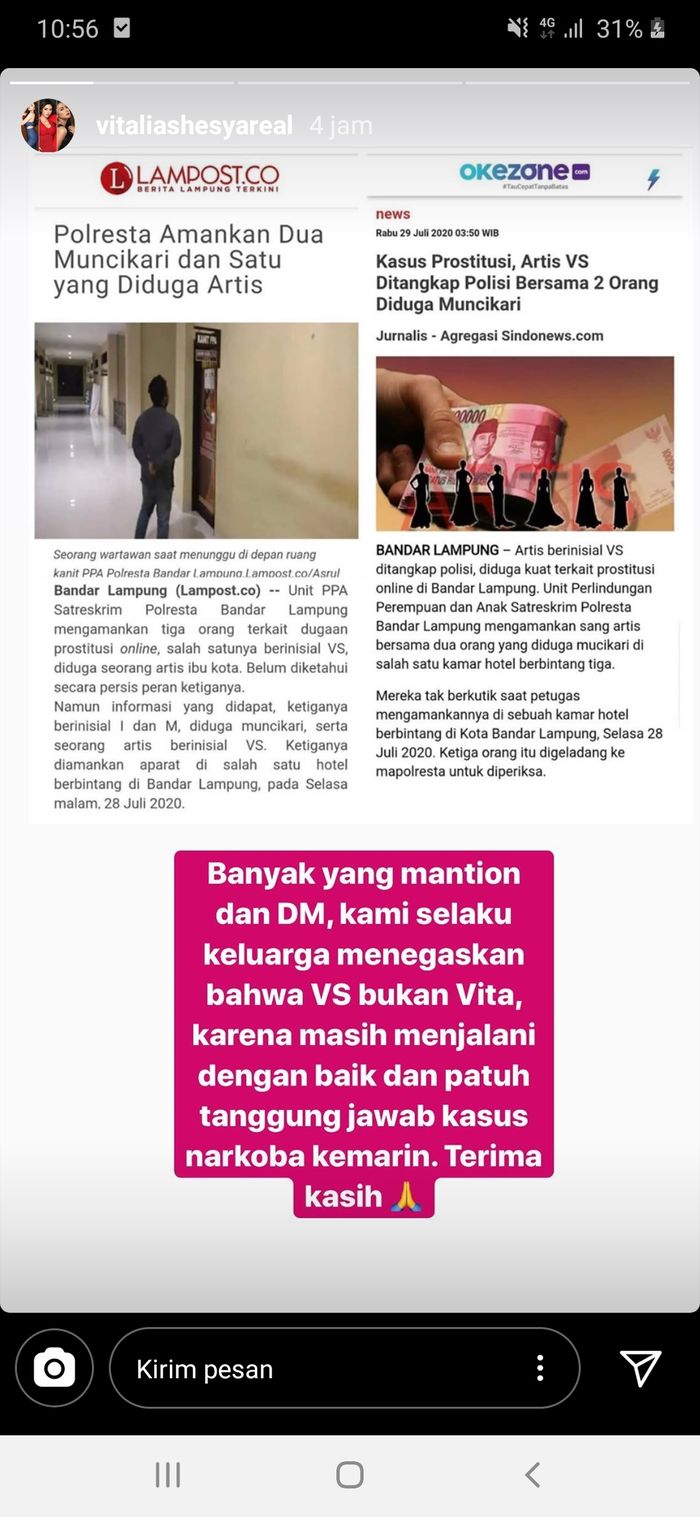 Keluarga membantah artis VS yang tertangkap prostitusi online bukanlah Vitalia Sesha.