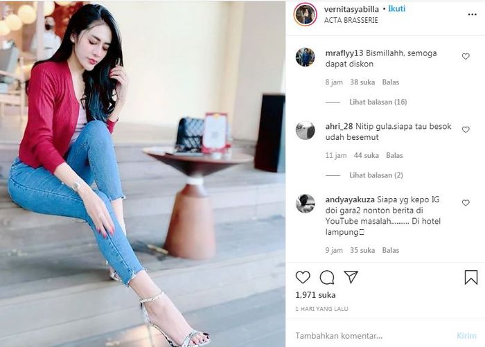 Netizen serbu Instagram Vernita Syabilla terkait artis inisial VS yang tertangkap kasus prostitusi online.