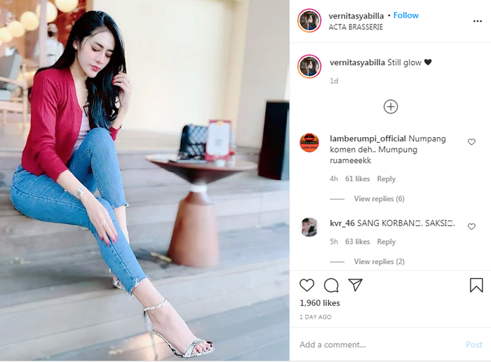 Netizen serbu Instagram Vernita Syabilla terkait artis inisial VS yang tertangkap kasus prostitusi online.
