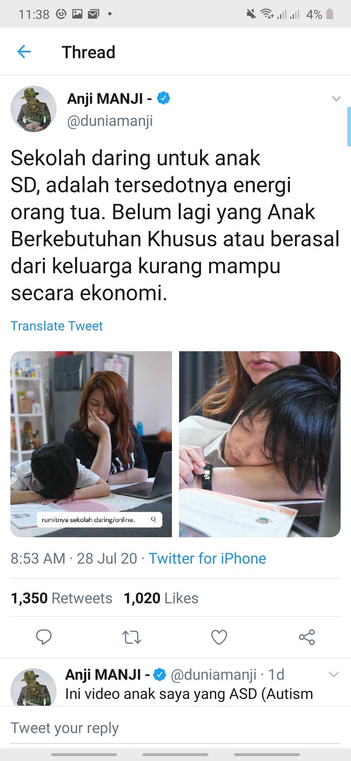 Anji mencurahkan isi hatinya soal pengalamannya mendampingi anaknya sekolah dengan jaringan.