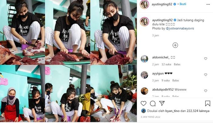 Ayu Ting Ting memposting foto dirinya terlihat begitu serius memotong-motong daging kurban untuk dibagikan kepada warga di lingkungan sekitar.