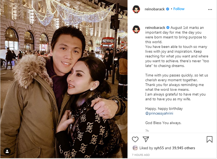 Reino Barack tulis pesan romantis untuk Syahrini di hari ulang tahunnya.
