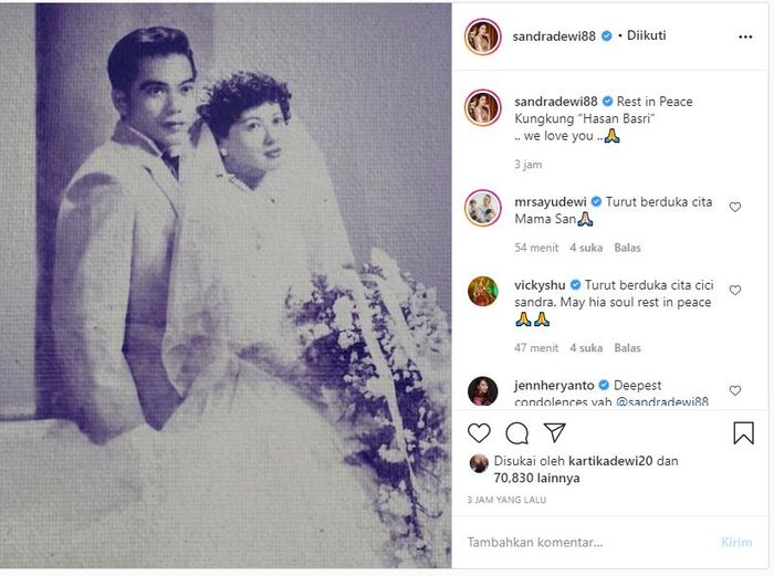 Unggahan Sandra Dewi yang menunjukan potret lawas sang kakek yang baru saja meninggal dunia dan juga neneknya