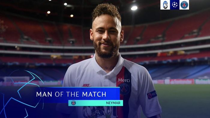 Penyerang Paris Saint-Germain, Neymar, dinobatkan sebagai Man of the Match seusai laga perempat final Liga Champions kontra Atalanta di Estadio do Sport Lisboa e Benfica, Rabu (12/8/2020).