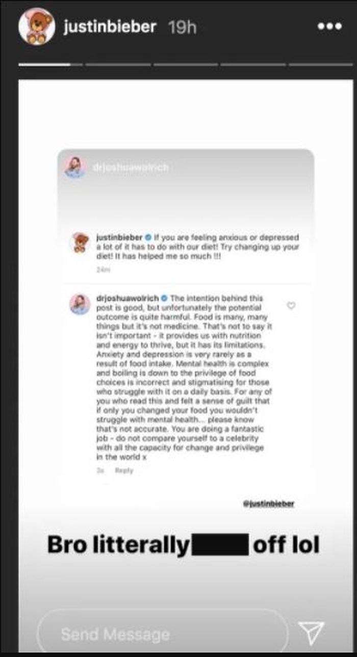 Justin Bieber diceramahi oleh seorang dokter soal postingannya yang berbunyi makanan dapat menjadi obat.