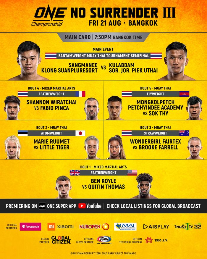 Jadwal pertandingan ONE Championship bertajuk ONE: NO SURRENDER III.