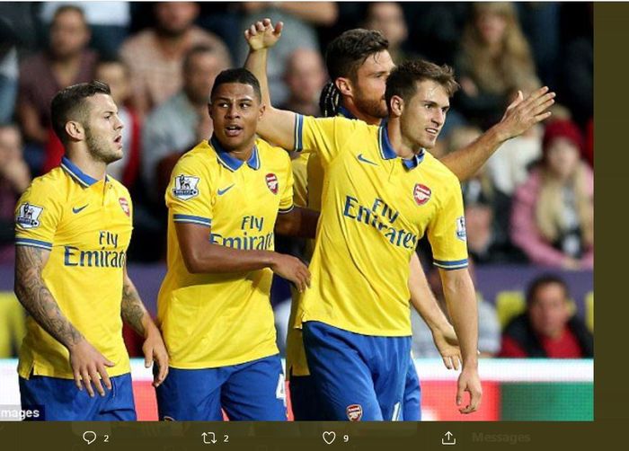 Serge Gnabry (tengah) bersama Jack Wilshere, Aaron Ramsey, dan Olivier Giroud saat masih membela Arsenal pada 2013.